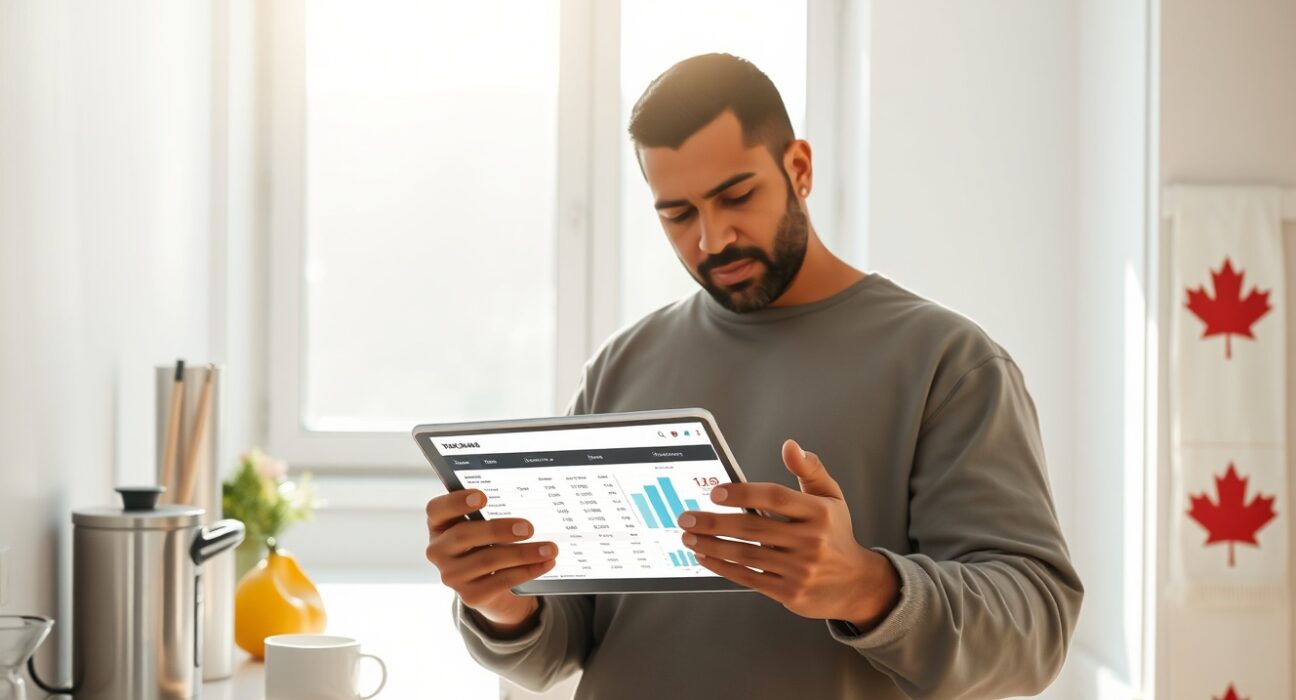 Canadian consumer analyzing household budget data, illustrating gradual spending stabilization trends in 2025.