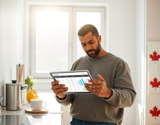 Canadian consumer analyzing household budget data, illustrating gradual spending stabilization trends in 2025.