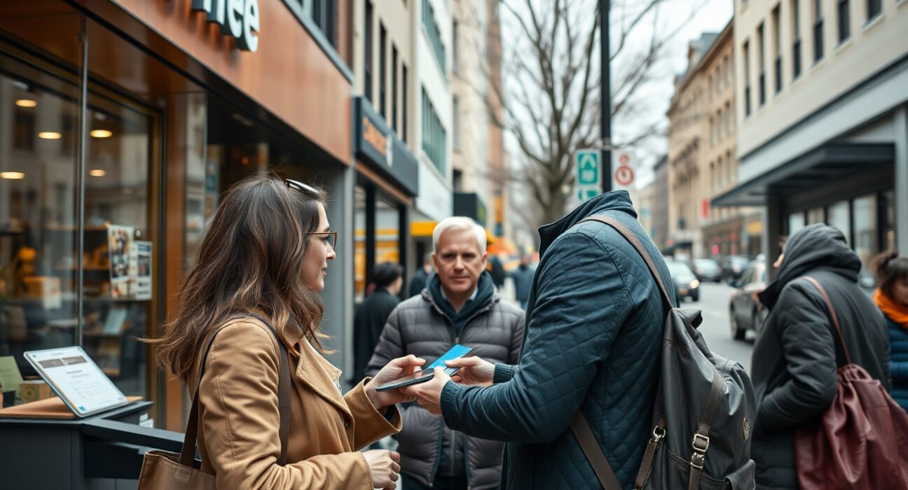 Canadian consumers using credit cards at retail stores in a city street scene