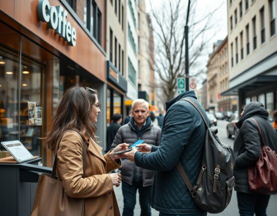 Canadian consumers using credit cards at retail stores in a city street scene