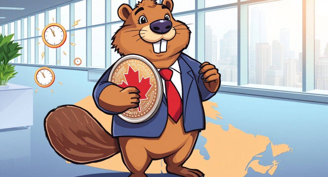 Cartoon illustration of Canada's stablecoin regulations enabling faster digital payments.