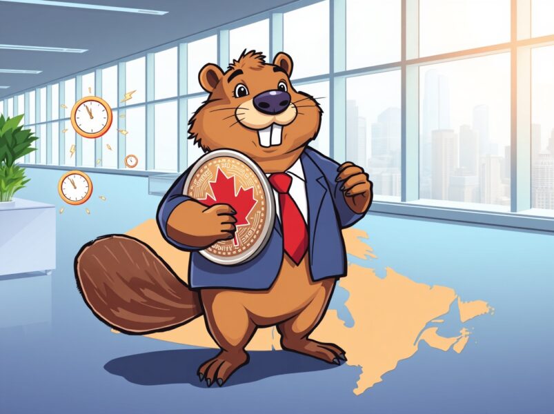 Cartoon illustration of Canada's stablecoin regulations enabling faster digital payments.