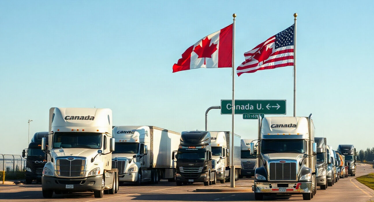 Trucks queue at a Canada-US border crossing amid new trade tariffs.