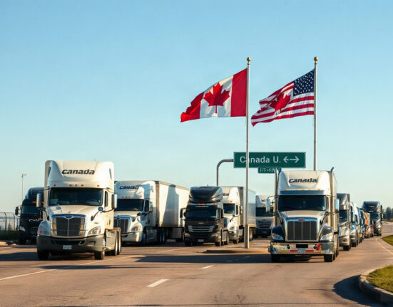 Trucks queue at a Canada-US border crossing amid new trade tariffs.