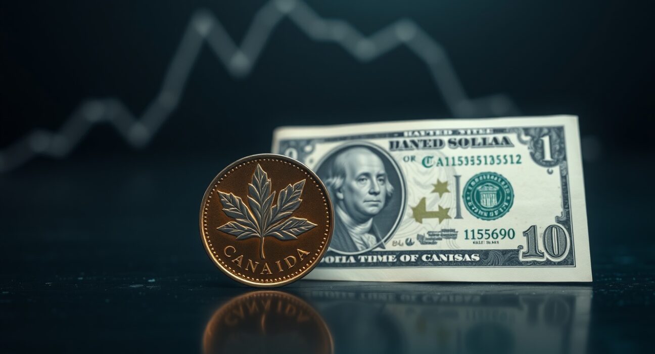 Canadian loonie coin and US dollar bill side by side with a downward graph trend, representing Canada's technical recession and currency dependency.