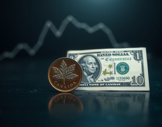 Canadian loonie coin and US dollar bill side by side with a downward graph trend, representing Canada's technical recession and currency dependency.