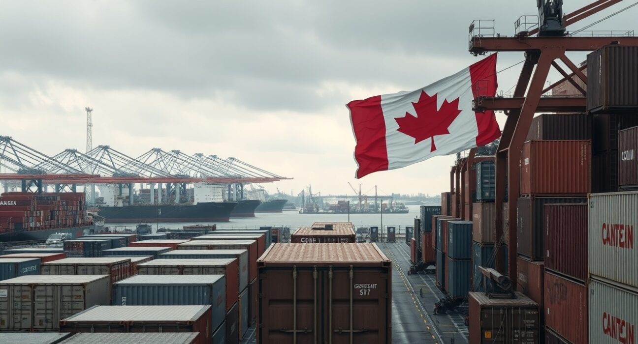 Canadian port with shipping containers and a flag under overcast sky, representing trade uncertainty