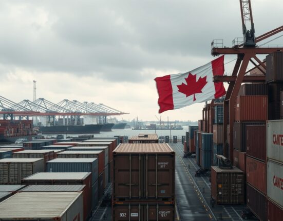 Canadian port with shipping containers and a flag under overcast sky, representing trade uncertainty