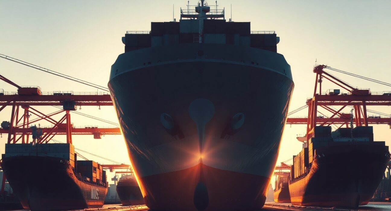 Cargo ships at a Canadian port at sunrise, symbolizing rising trade surplus.