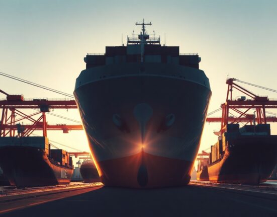Cargo ships at a Canadian port at sunrise, symbolizing rising trade surplus.
