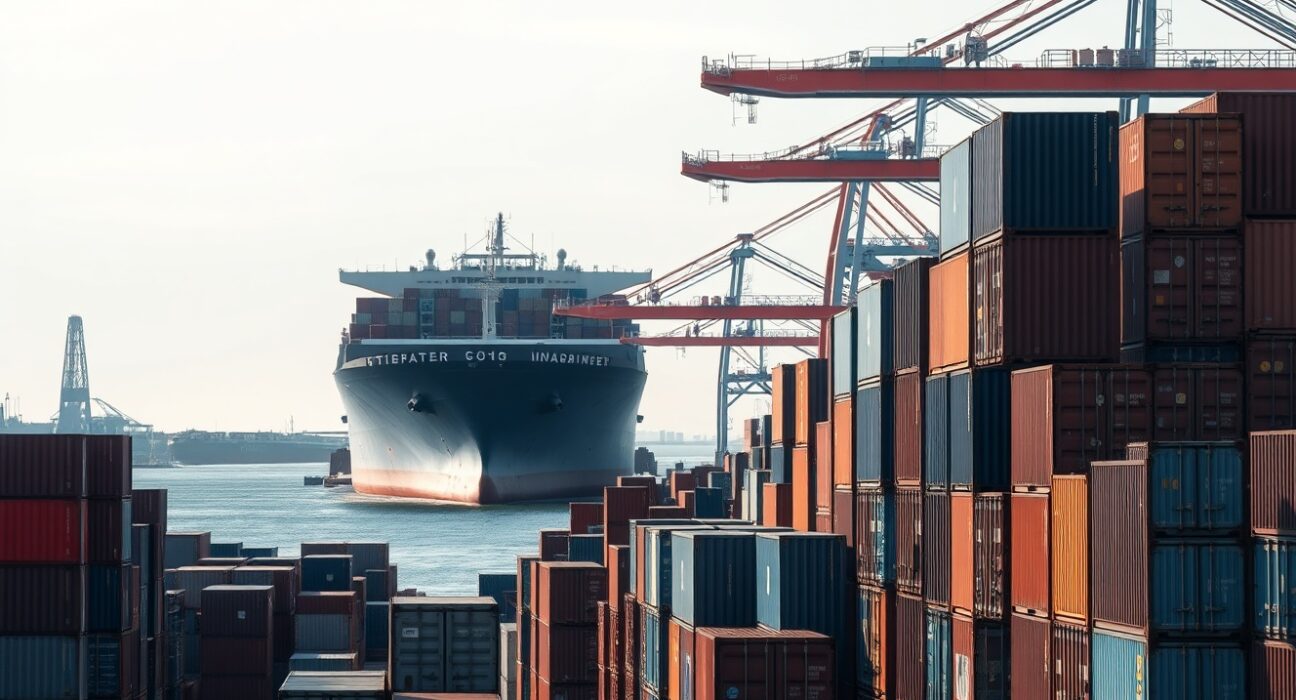 Busy Canadian shipping port with cargo containers and a docked ship, representing trade activity.
