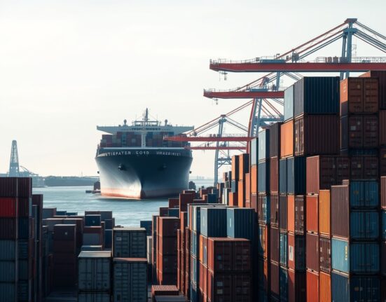 Busy Canadian shipping port with cargo containers and a docked ship, representing trade activity.