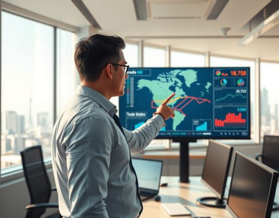 TD Securities analyst examining Canada's trade data and economic indicators in Toronto financial district office