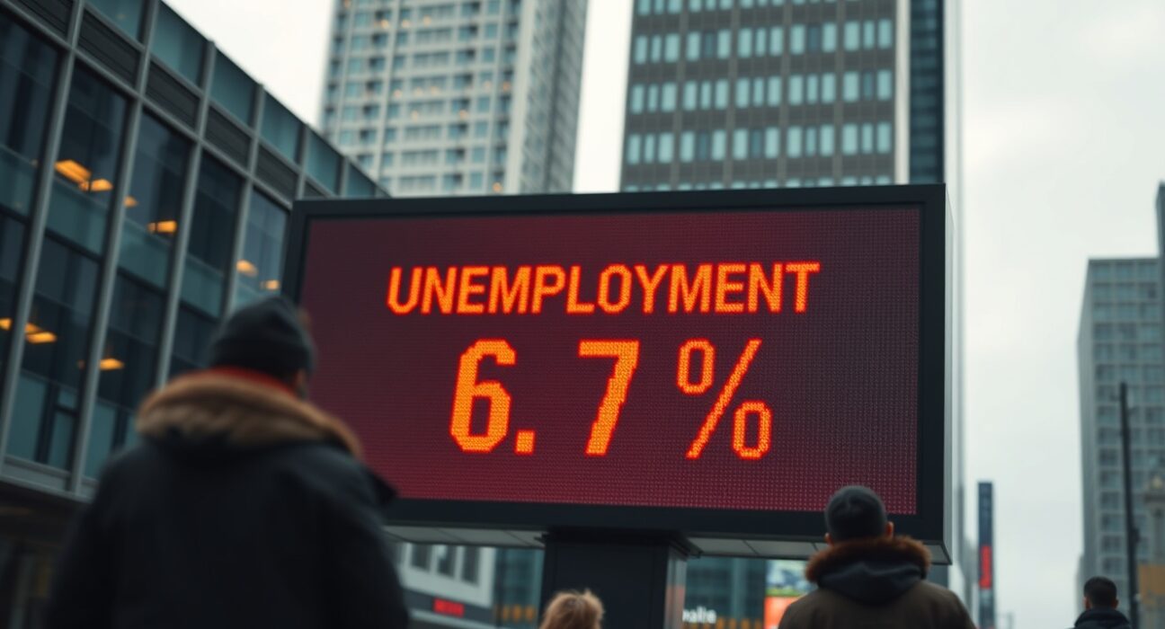 Digital display showing Canada unemployment rate at 6.7% in a financial district