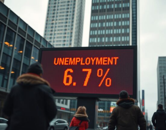 Digital display showing Canada unemployment rate at 6.7% in a financial district