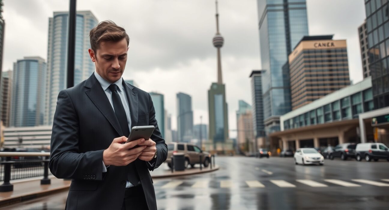 Professional looking at smartphone in a Canadian city on an overcast day, reflecting economic uncertainty.