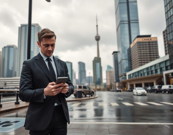 Professional looking at smartphone in a Canadian city on an overcast day, reflecting economic uncertainty.
