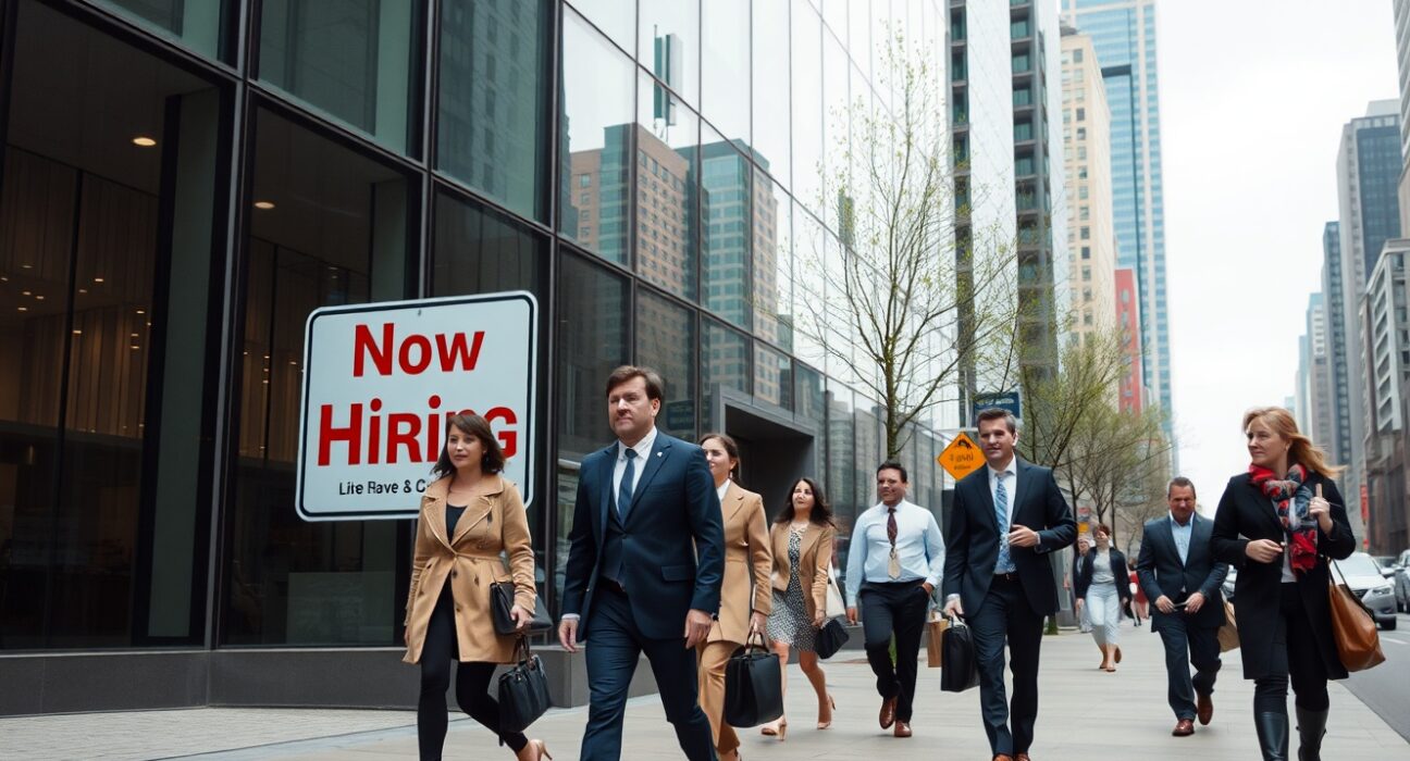 Pedestrians walking in a Canadian city center with a 'Now Hiring' sign reflected in a glass building, illustrating a steady labor market.