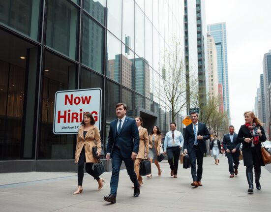 Pedestrians walking in a Canadian city center with a 'Now Hiring' sign reflected in a glass building, illustrating a steady labor market.