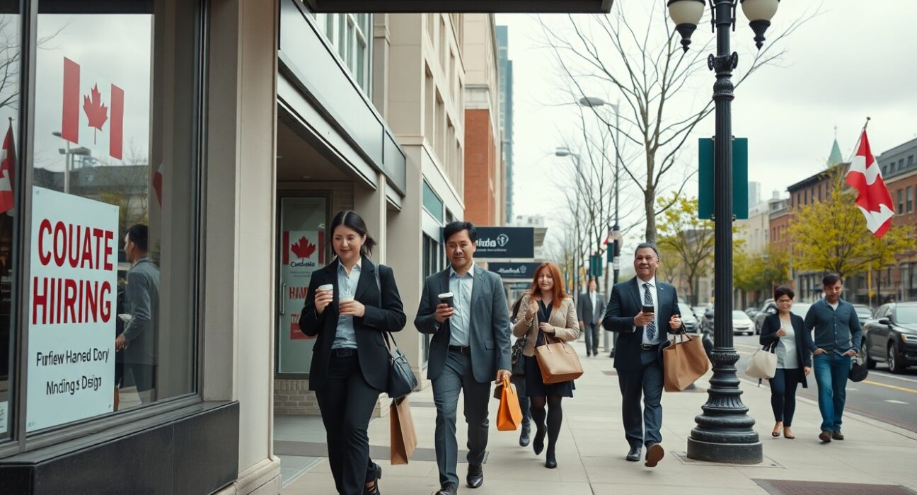 Busy Canadian city street with professionals walking past a 'Now Hiring' sign under overcast spring sky