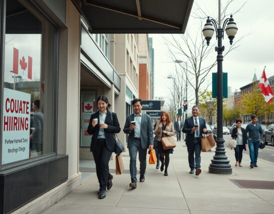 Busy Canadian city street with professionals walking past a 'Now Hiring' sign under overcast spring sky