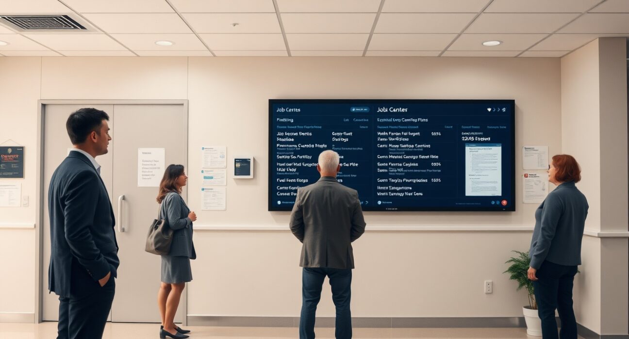 Job seekers at a Canadian employment center reviewing digital job postings in a modern, well-lit office.