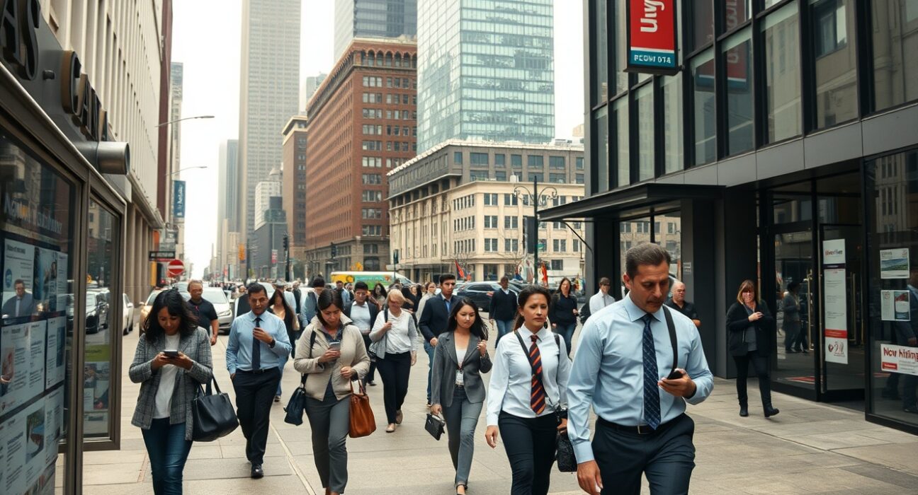 Urban street scene in a Canadian city with workers and job posting signs under overcast sky