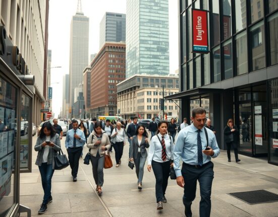 Urban street scene in a Canadian city with workers and job posting signs under overcast sky