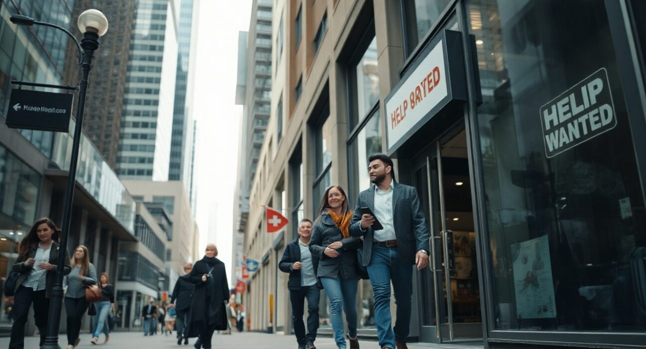 Busy street scene in a Canadian city with professionals walking past a Help Wanted sign, representing stable labor market conditions.