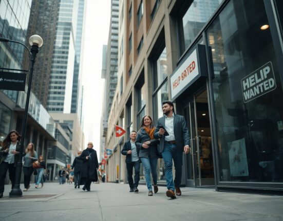 Busy street scene in a Canadian city with professionals walking past a Help Wanted sign, representing stable labor market conditions.