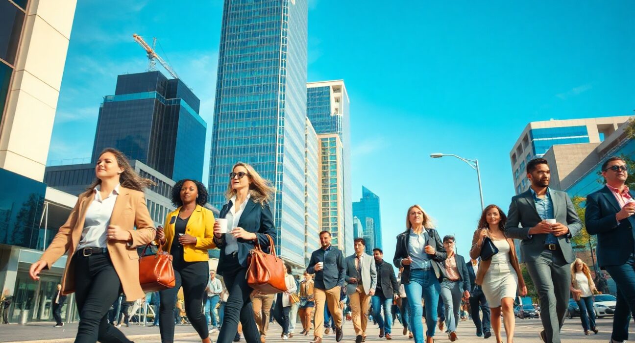 Pedestrians walking on a sunny downtown street in Canada, reflecting a positive jobs report.