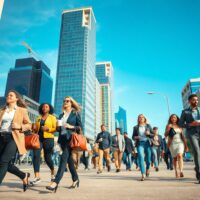 Pedestrians walking on a sunny downtown street in Canada, reflecting a positive jobs report.