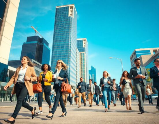 Pedestrians walking on a sunny downtown street in Canada, reflecting a positive jobs report.