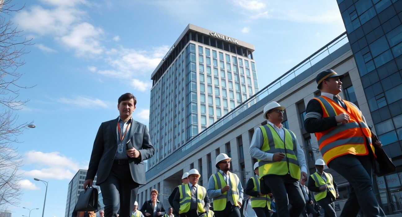 Canadian workers walking on a city street on a sunny spring morning, representing labor market stability.