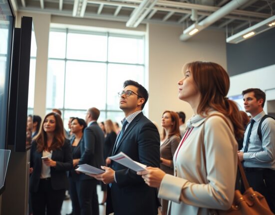 Job seekers at a Canadian employment center reviewing digital job postings.
