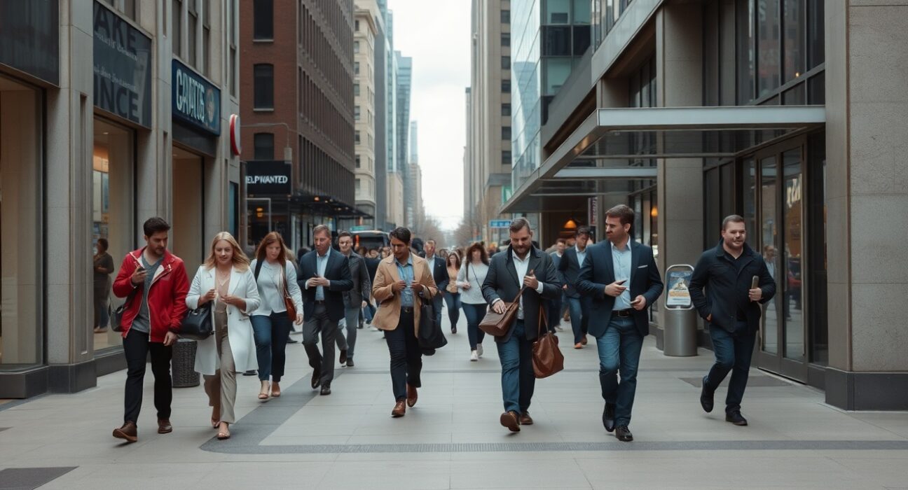 Commuters on a downtown Toronto street with a Help Wanted sign visible in a shop window, reflecting labor market conditions.