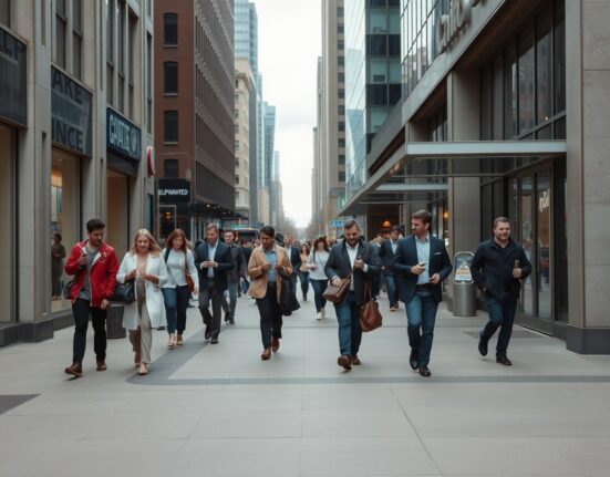 Commuters on a downtown Toronto street with a Help Wanted sign visible in a shop window, reflecting labor market conditions.