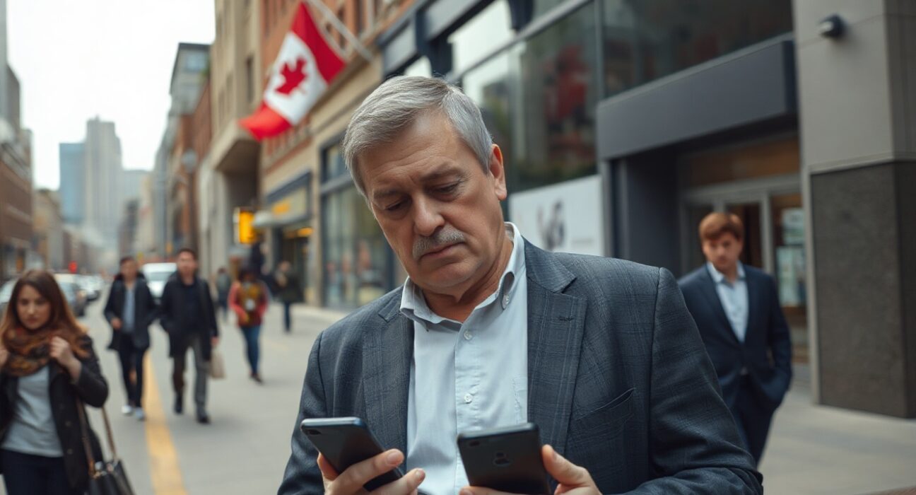 A 'Now Hiring' sign in a storefront window on a quiet Canadian street, symbolizing a sluggish labor market.