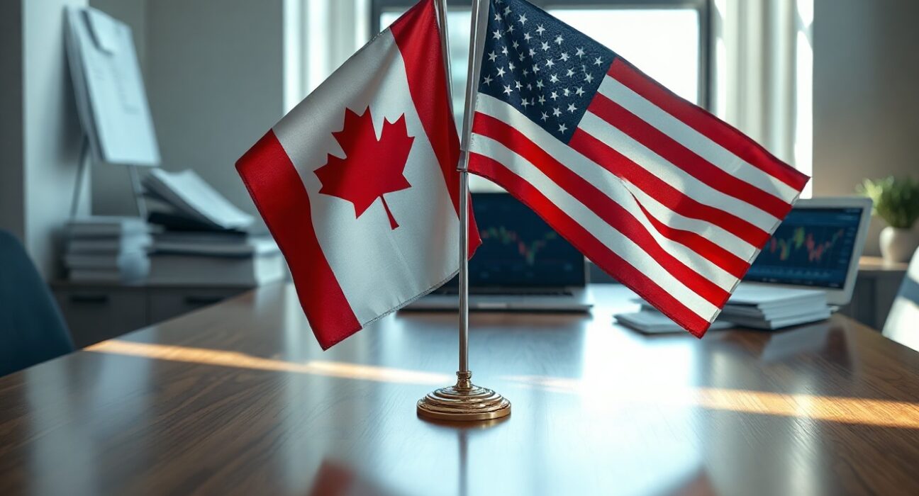 Canadian and American flags in a government office setting, representing USMCA trade review discussions.