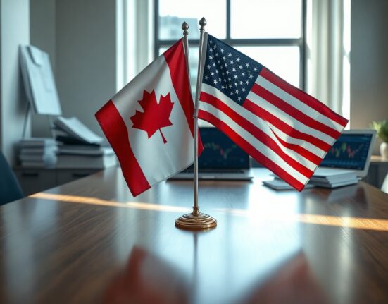 Canadian and American flags in a government office setting, representing USMCA trade review discussions.