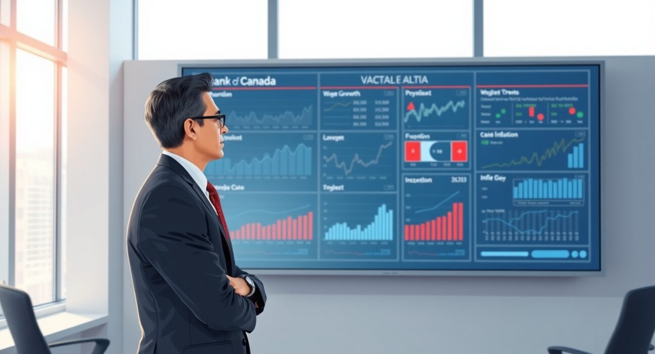 Analyst reviewing Bank of Canada wage growth and inflation data charts