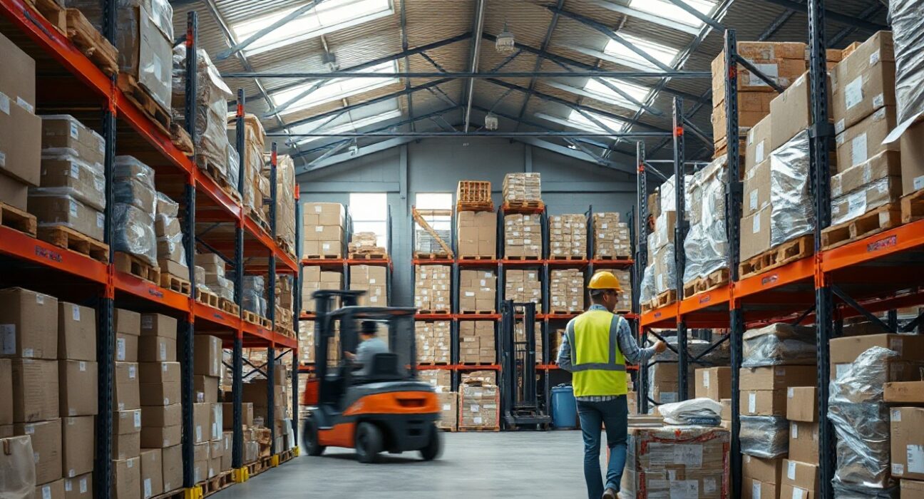 Workers in a Canadian wholesale distribution warehouse moving goods, reflecting the June sales increase.