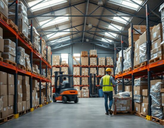 Workers in a Canadian wholesale distribution warehouse moving goods, reflecting the June sales increase.