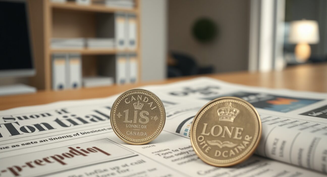 Canadian loonie coin on financial newspaper with inflation charts in a newsroom setting