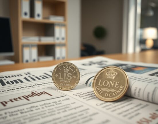 Canadian loonie coin on financial newspaper with inflation charts in a newsroom setting