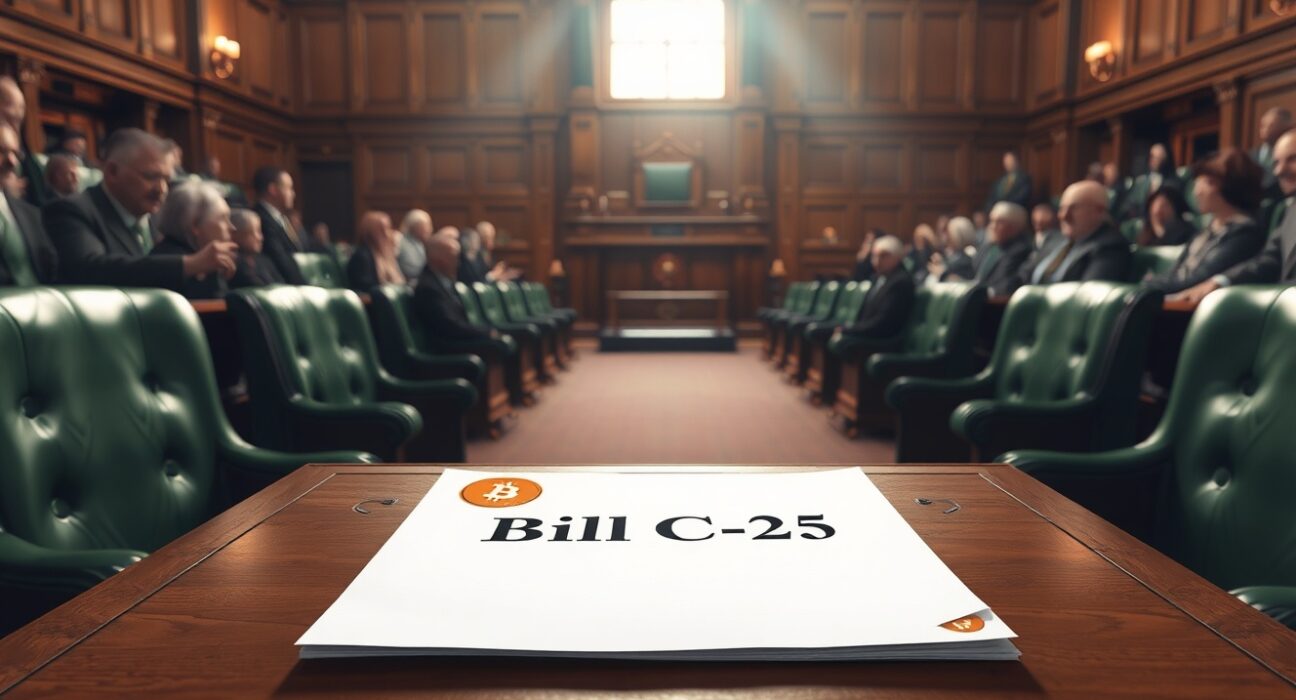 Canadian Bill to ban crypto political donations, Bill C-25, on a desk in the House of Commons