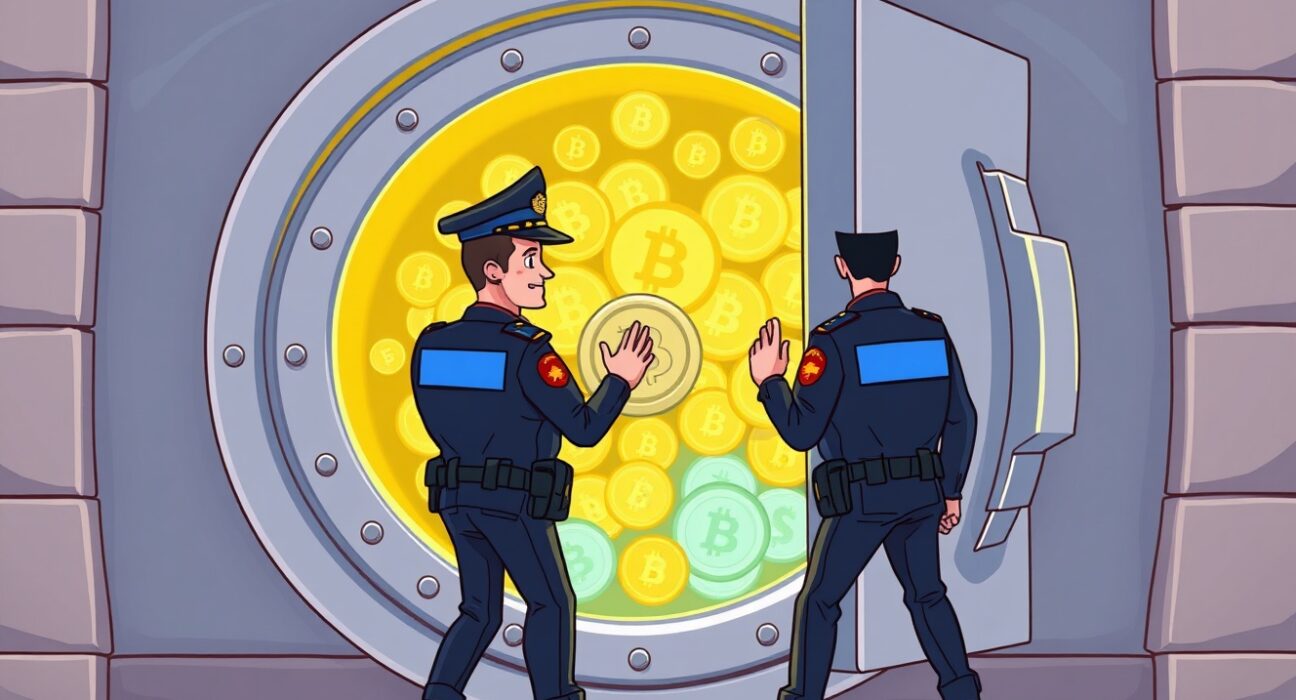 Cartoon of Canadian police securing a vault of digital assets, symbolizing a significant Canadian cryptocurrency seizure.