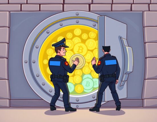 Cartoon of Canadian police securing a vault of digital assets, symbolizing a significant Canadian cryptocurrency seizure.