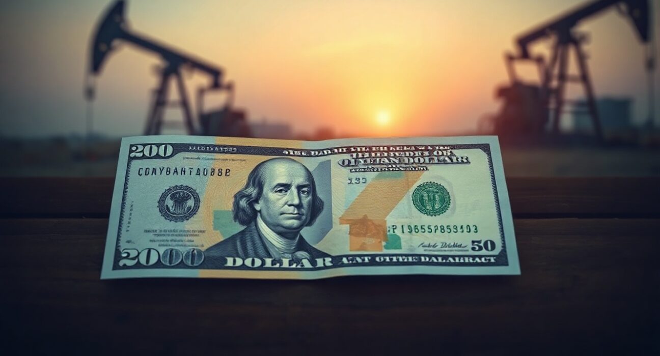 Canadian dollar and US dollar banknotes on a wooden surface with oil pumpjack in background