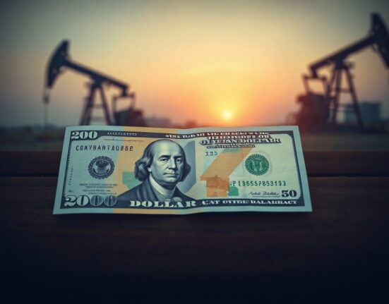 Canadian dollar and US dollar banknotes on a wooden surface with oil pumpjack in background